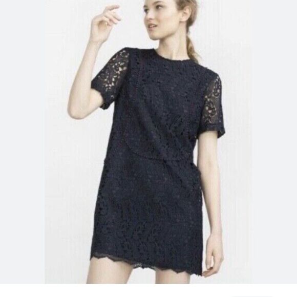 Zara Dresses & Skirts - Zara Women Navy Lace Shift Shortsleeve Mini Sheeth Formal Wedding Dress XS